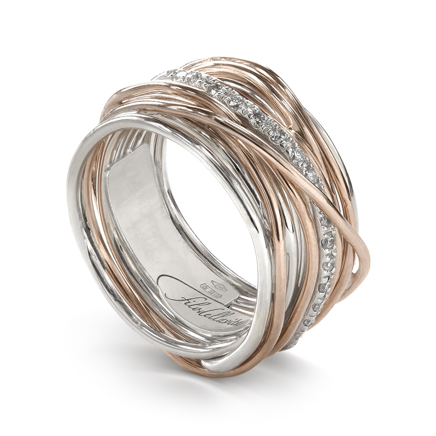 ANELLO 13 FILI ORO ROSA/ARGENTO E DIAMANTI BIANCHI