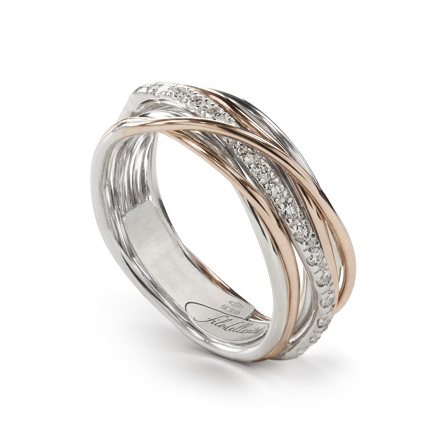 ANELLO 7 FILI ORO ROSA/ARGENTO E DIAMANTI BIANCHI