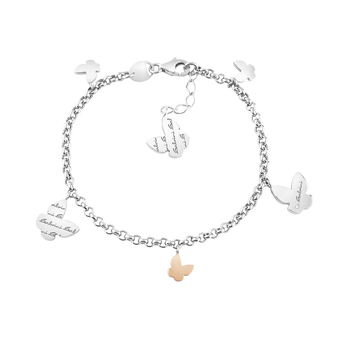 Bracciale farfalle pendenti in argento e oro rosa 9 kt.