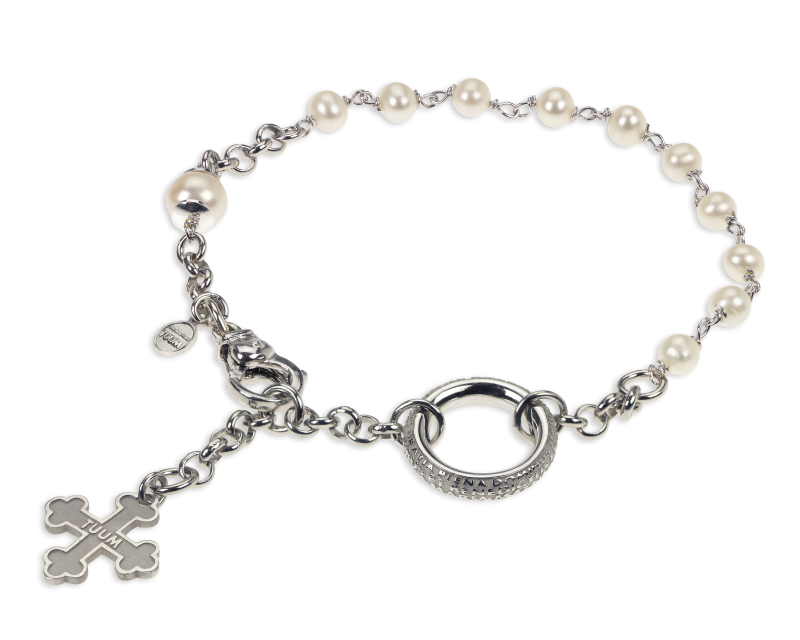 Bracciale rosario in argento rodiato e perle