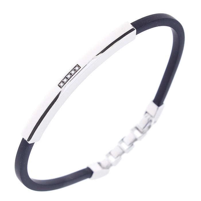 Bracciale argento e caucciù nero con diamanti bianchi