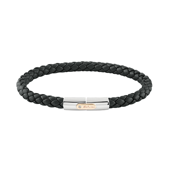 Bracciale in pelle nera intrecciata, argento e oro 9 kt