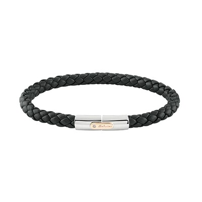 Bracciale in pelle nera intrecciata, argento e oro 9 kt