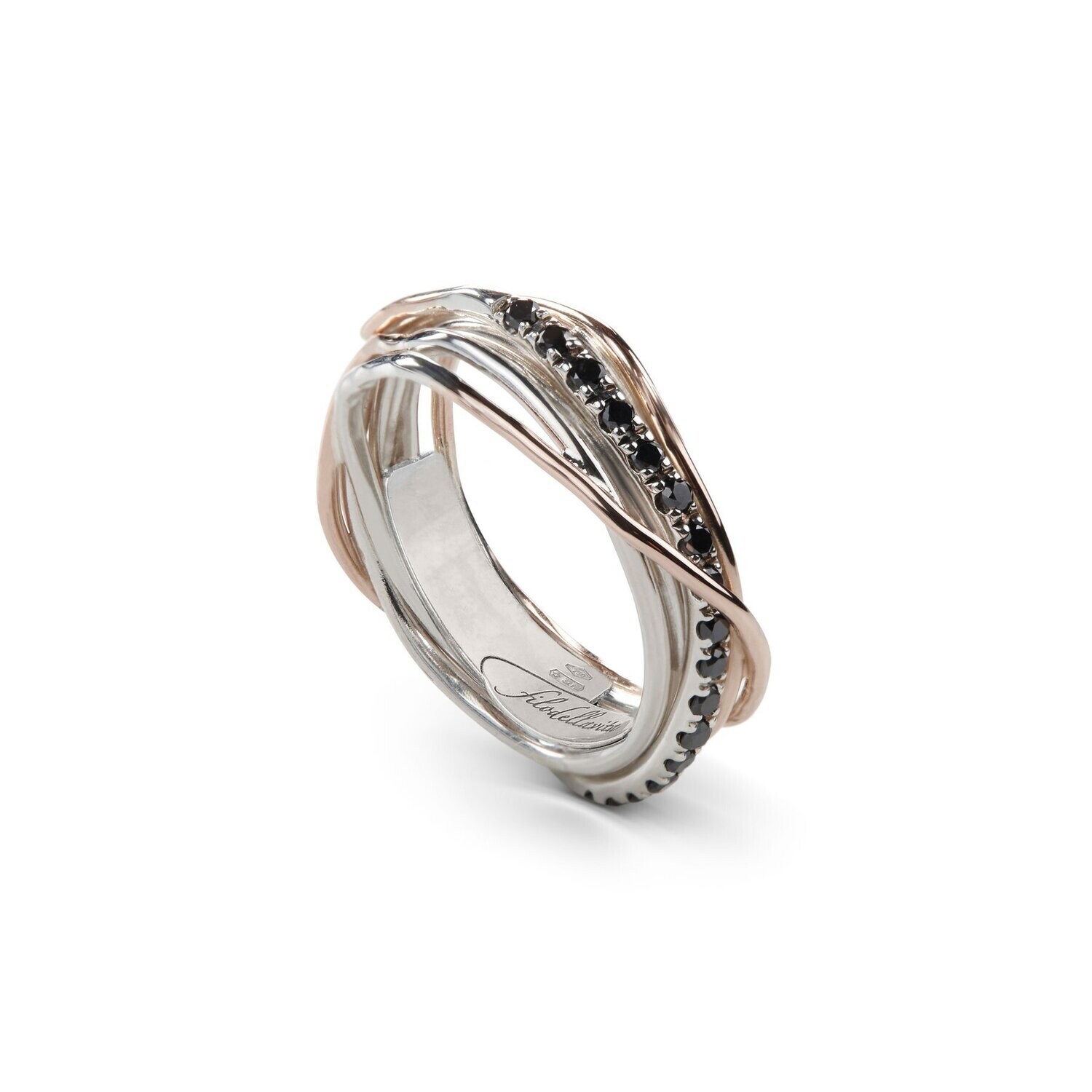 ANELLO 7 FILI IN ORO ROSA 9KT, ARGENTO 925 E DIAMANTI NERI