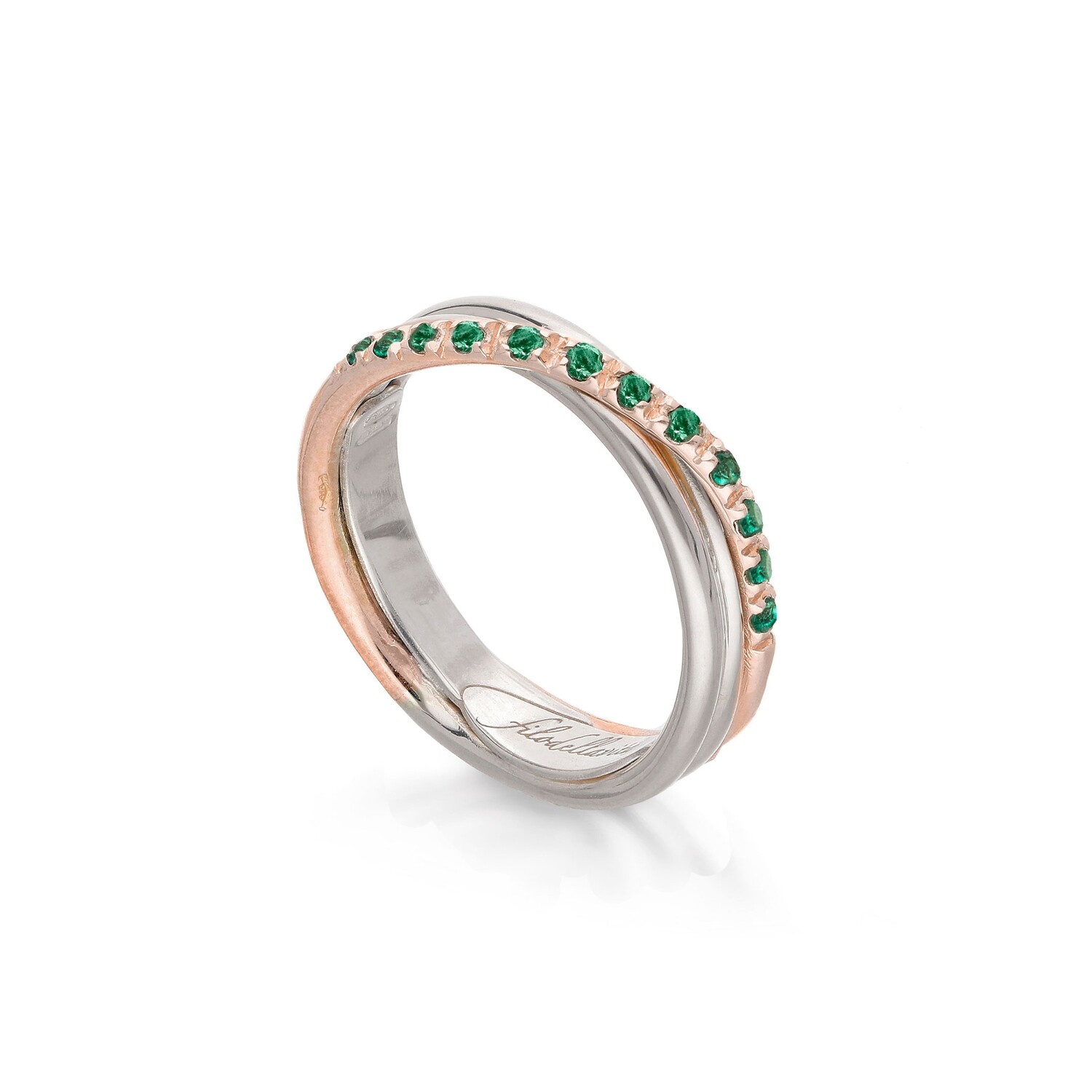 ANELLO 3 FILI ARGENTO, ORO ROSA E SMERALDI