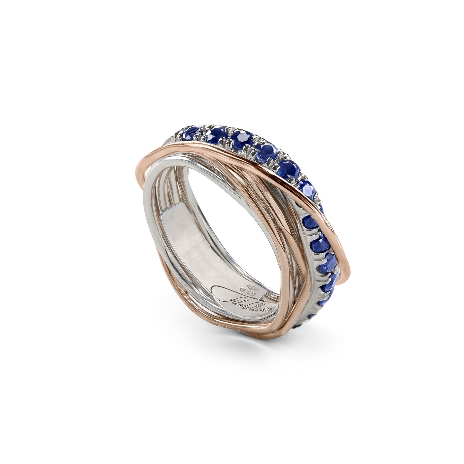 ANELLO 7 FILI ARGENTO, ORO ROSA E ZAFFIRI BLU