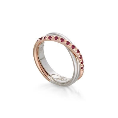 ANELLO 3 FILI ARGENTO, ORO ROSA E RUBINI