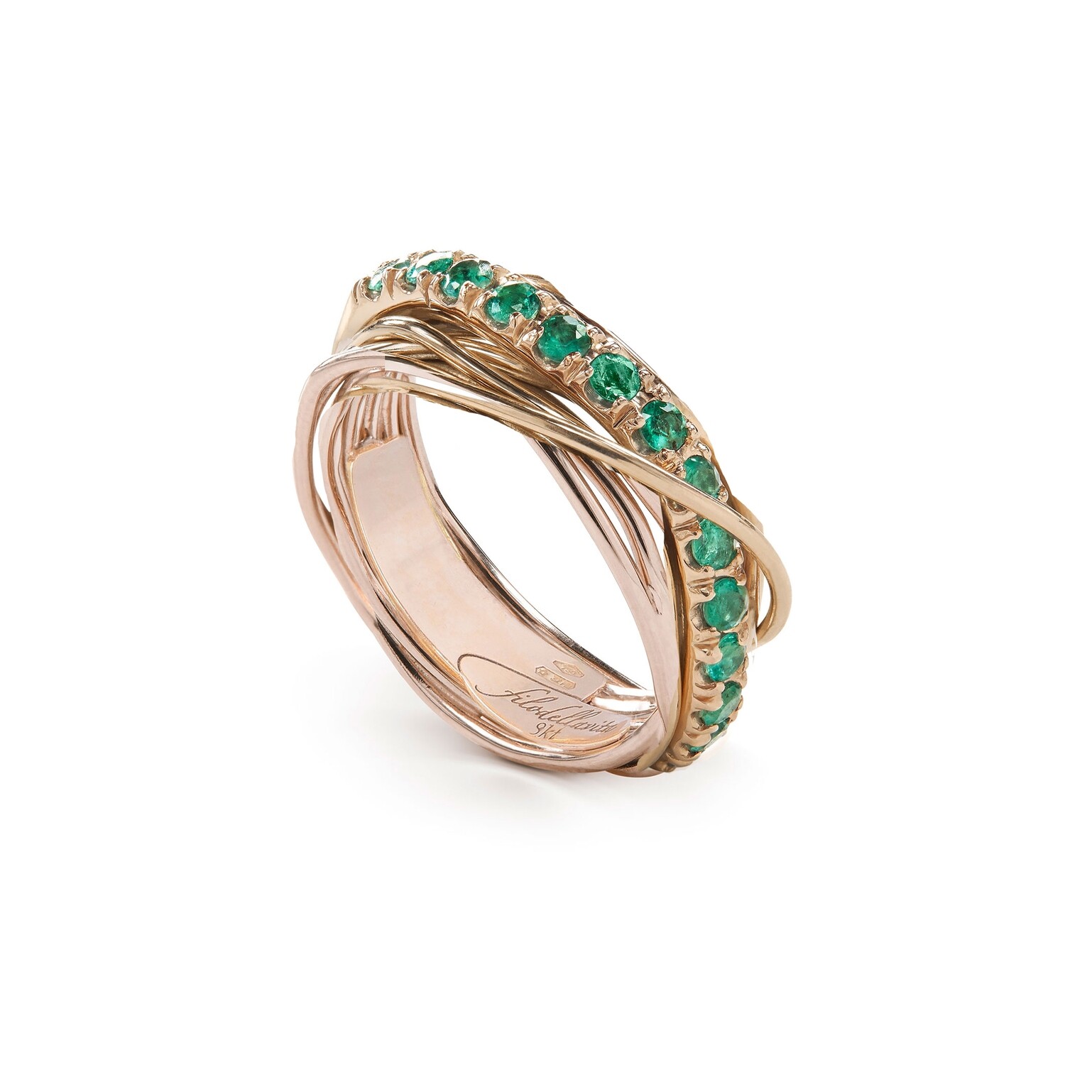 ANELLO 7 FILI ORO GIALLO 9 KT E SMERALDI