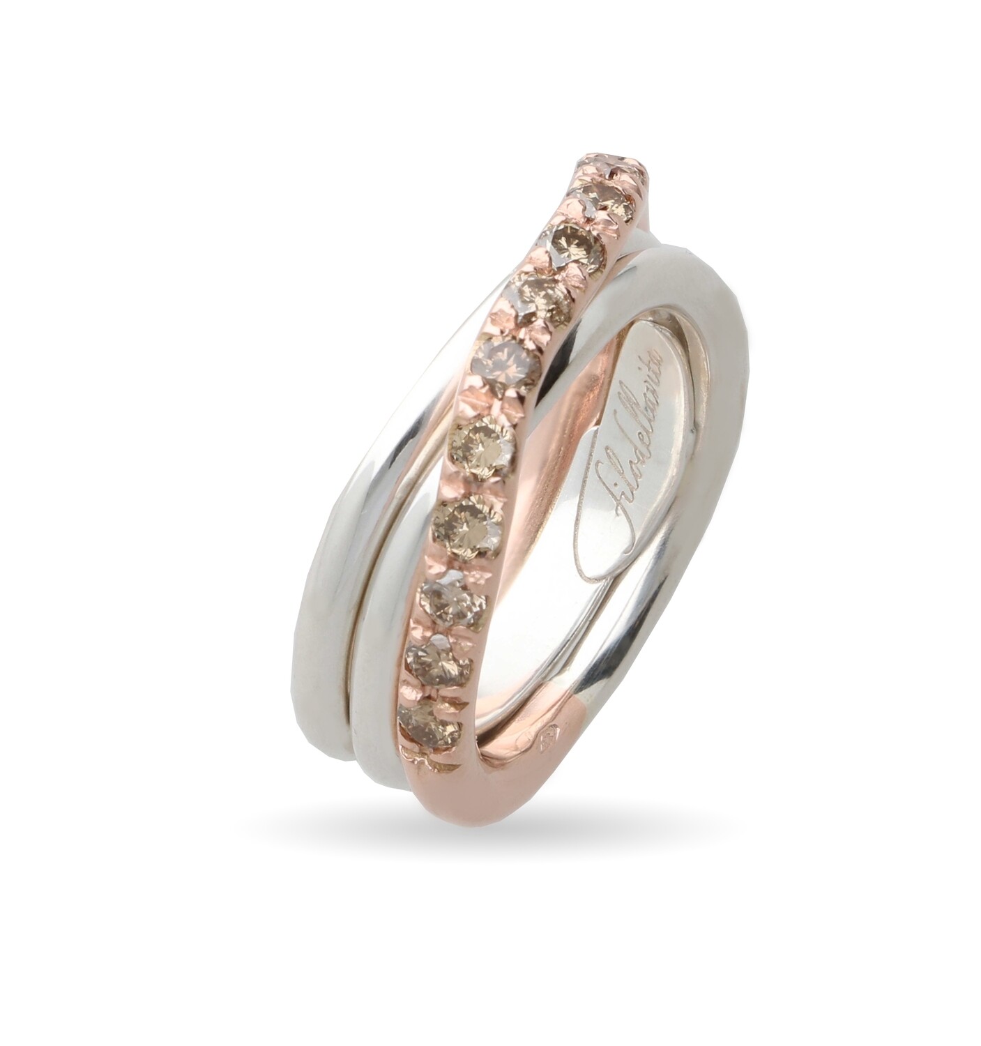 ANELLO 3 FILI ARGENTO E ORO ROSA 9 KT CON DIAMANTI BROWN