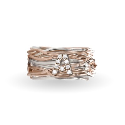 Anello in argento e oro rosa 9 kt + iniziale &quot;A&quot; con diamanti