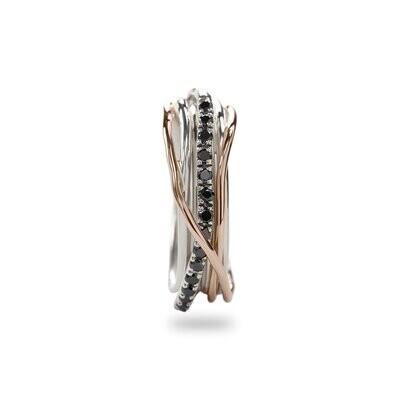 ANELLO 7 FILI IN ORO ROSA 9KT, ARGENTO 925 E DIAMANTI NERI