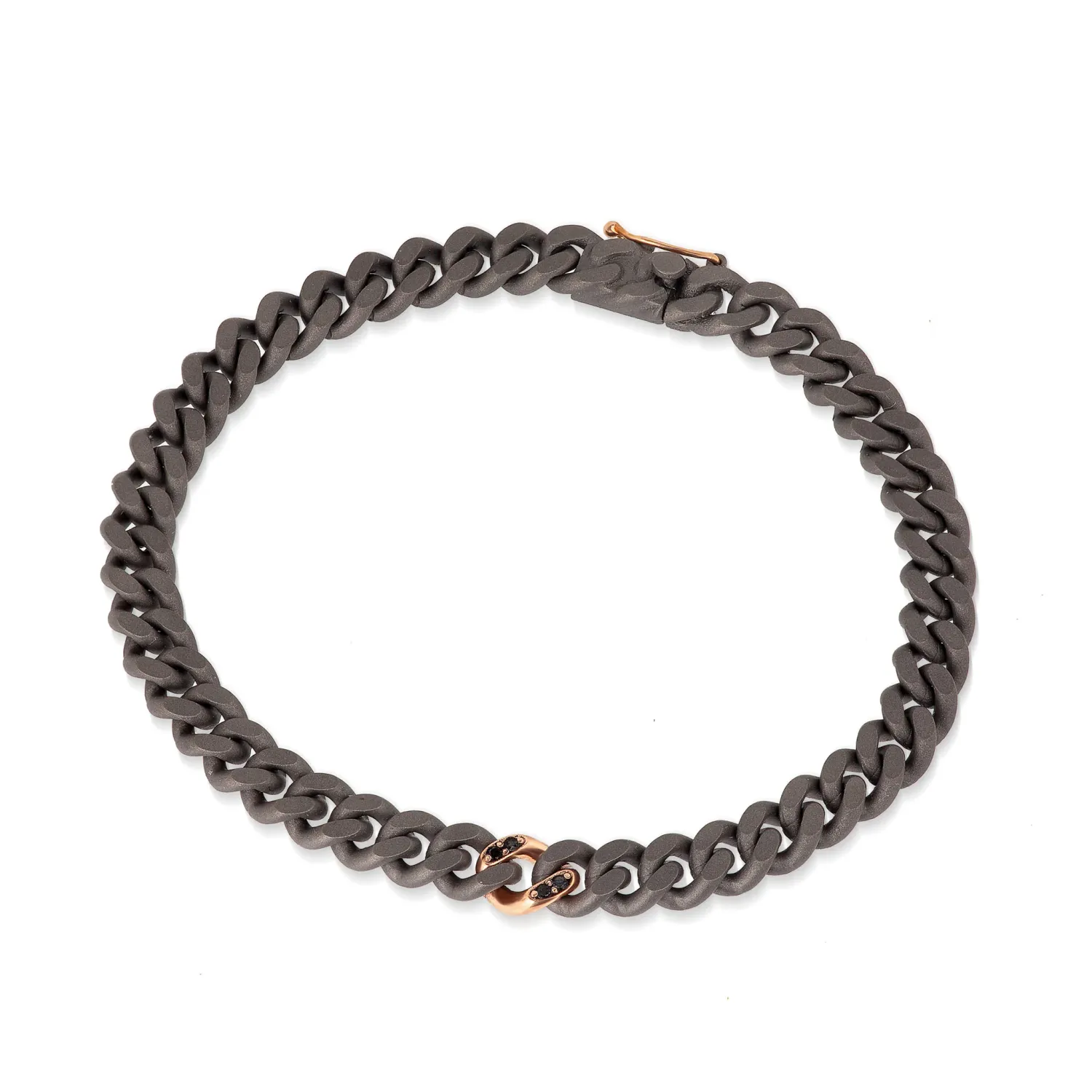 BRACCIALE CATENA GROUMETTE IN TITANIO, CON DIAMANTI BLACK E ORO ROSSO 18KT.