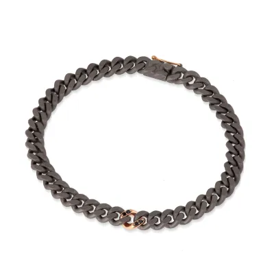 BRACCIALE CATENA GROUMETTE IN TITANIO, CON DIAMANTI BLACK E ORO ROSSO 18KT.