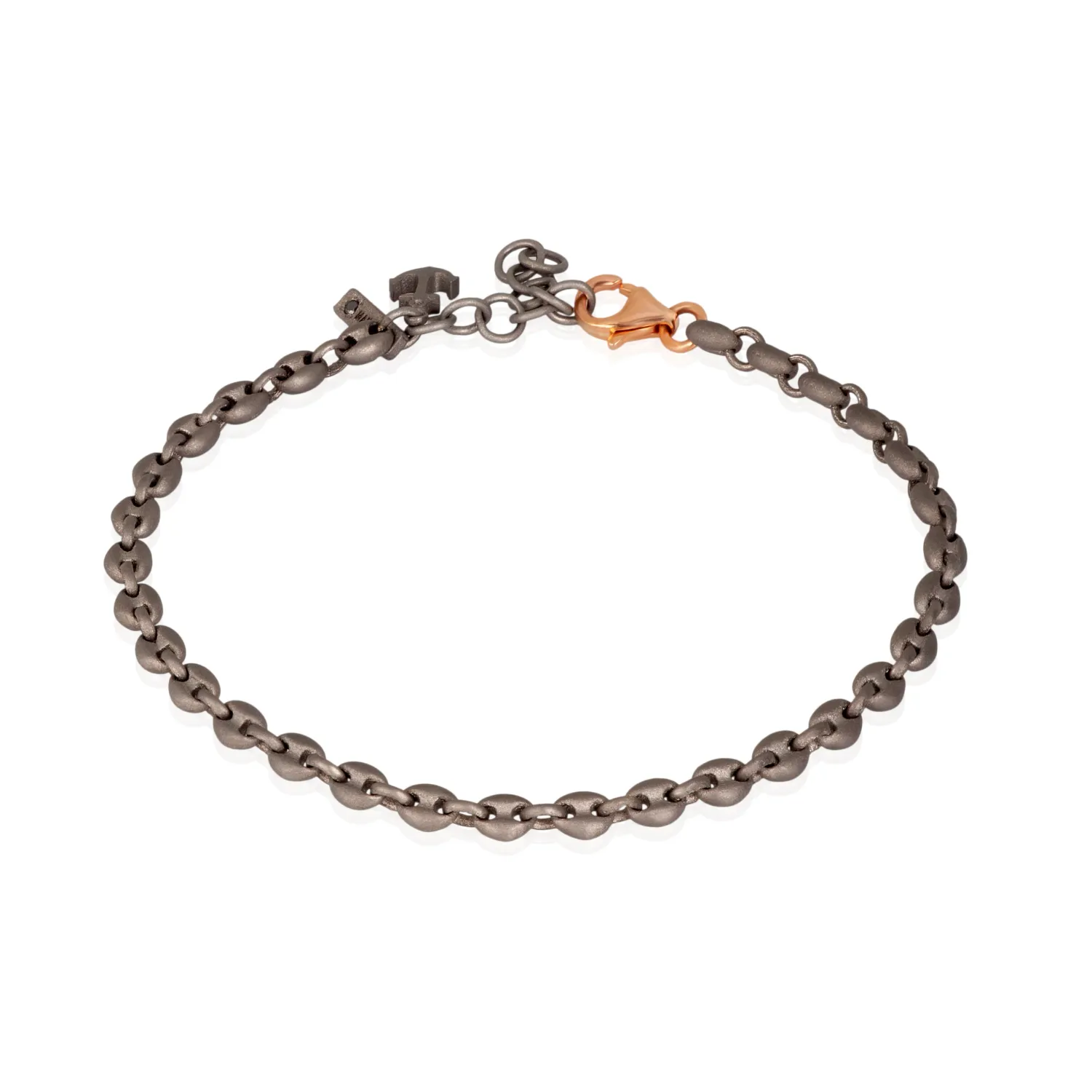 BRACCIALE MAGLIE MARINE PICCOLE IN TITANIO E ORO ROSSO 9 KT, ANCORA IN TITANIO E DIAMANTE BLACK