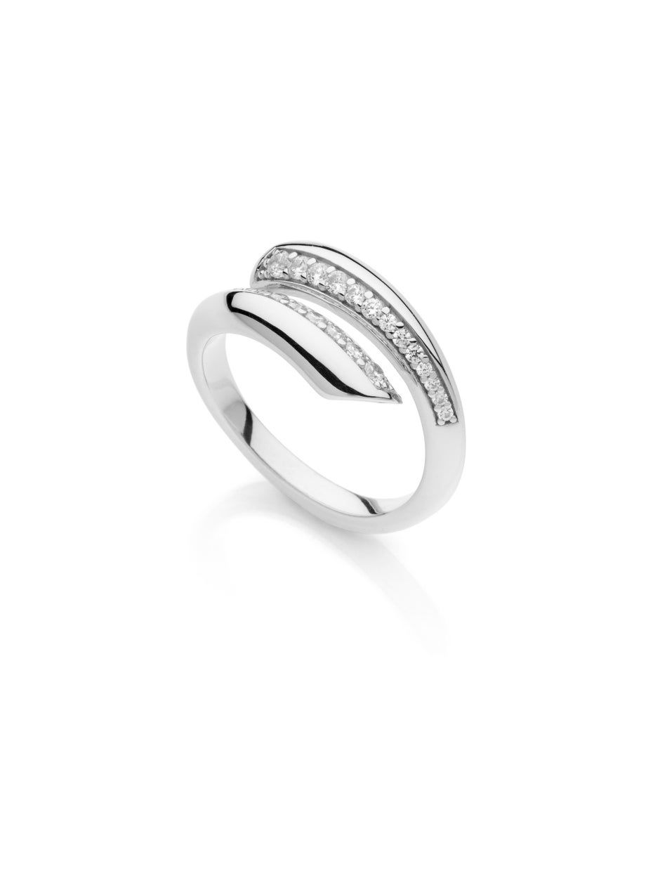 Anello contrarié in argento e zirconi