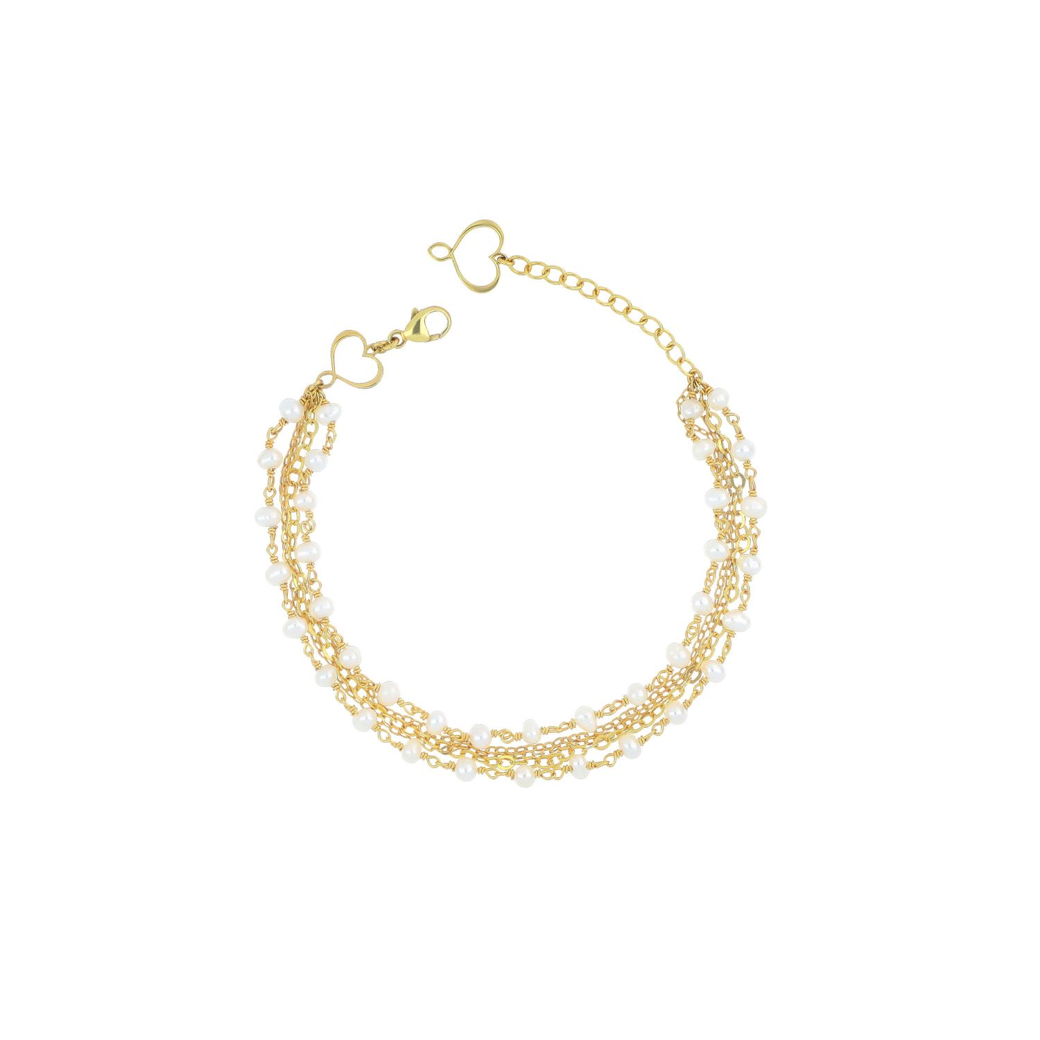 Bracciale 2 fili Trame con rosario di perle bianche e catene Bracciale 2 fili Trame con rosario di perle bianche e catene