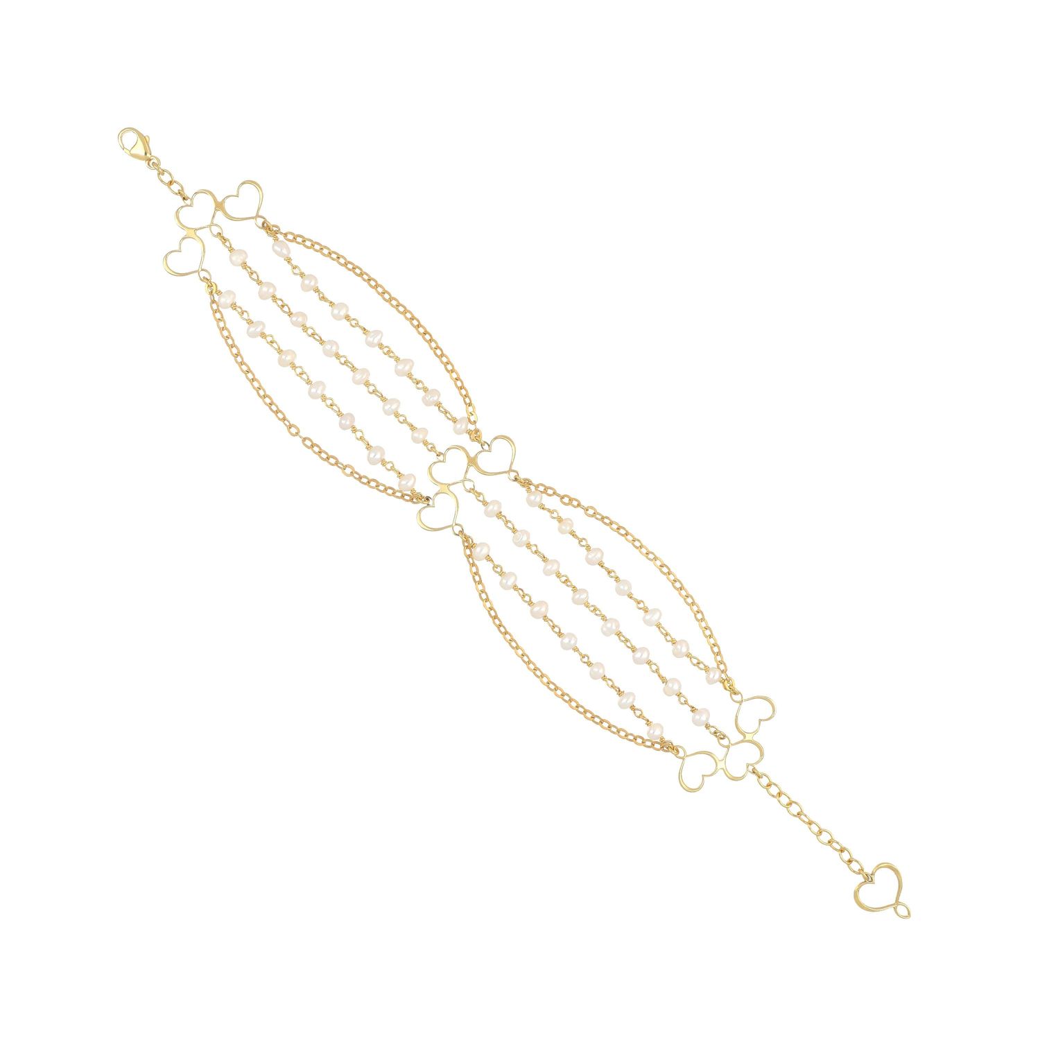 Bracciale 3 fili Trame con rosario di perle bianche e catene Bracciale 3 fili Trame con rosario di perle bianche e catene