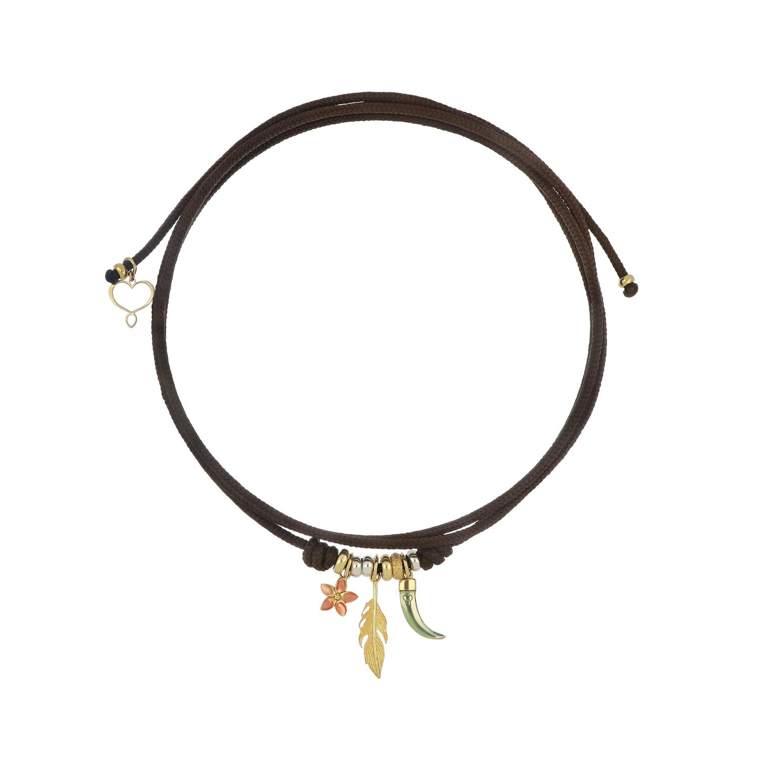 Girocollo cordino marrone Segni di Te con charms corno, piuma e fiore Girocollo cordino marrone Segni di Te con charms corno, piuma e fiore
