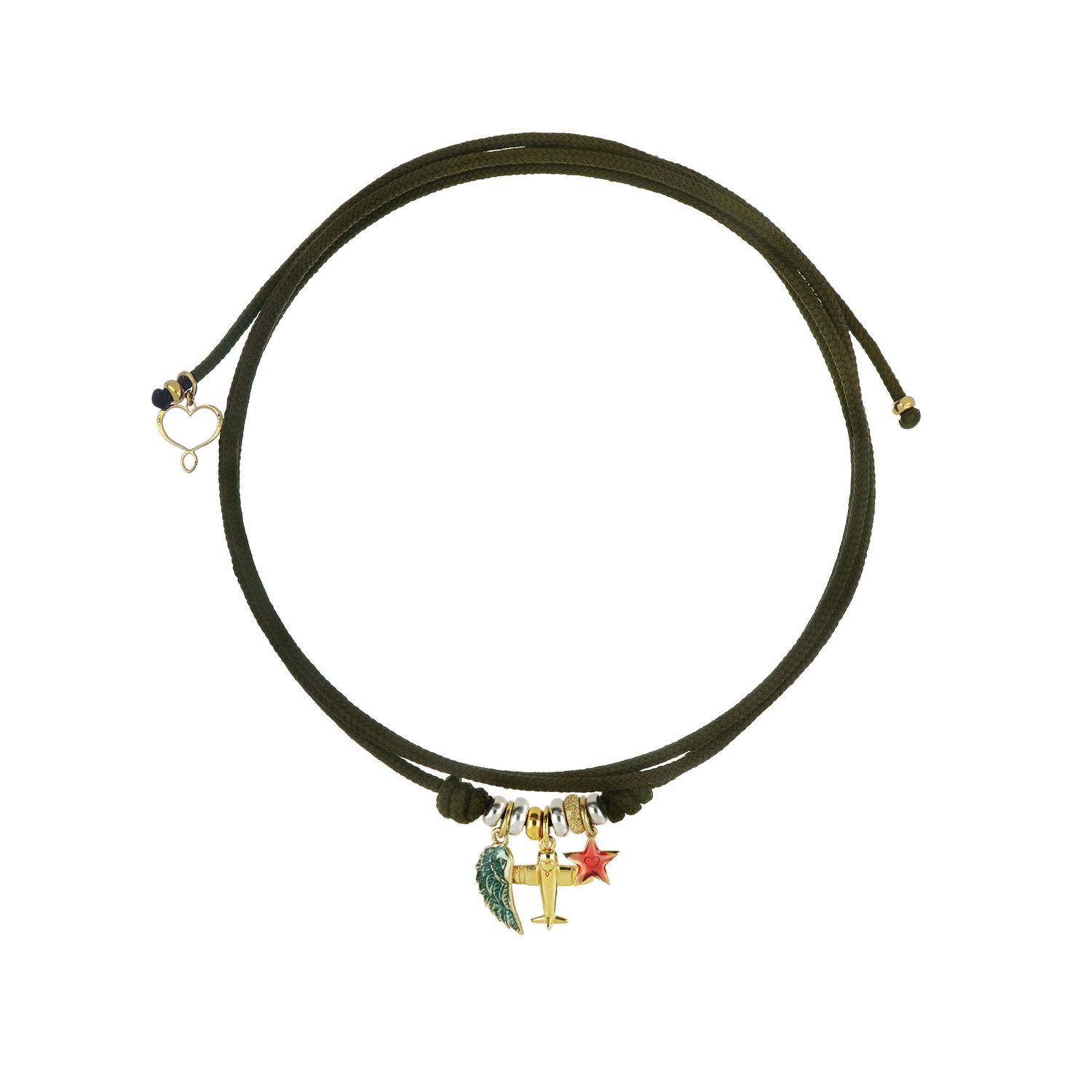 Girocollo cordino verde militare Segni di Te con charms ala, aereo e stella Girocollo cordino verde militare Segni di Te con charms ala, aereo e stella