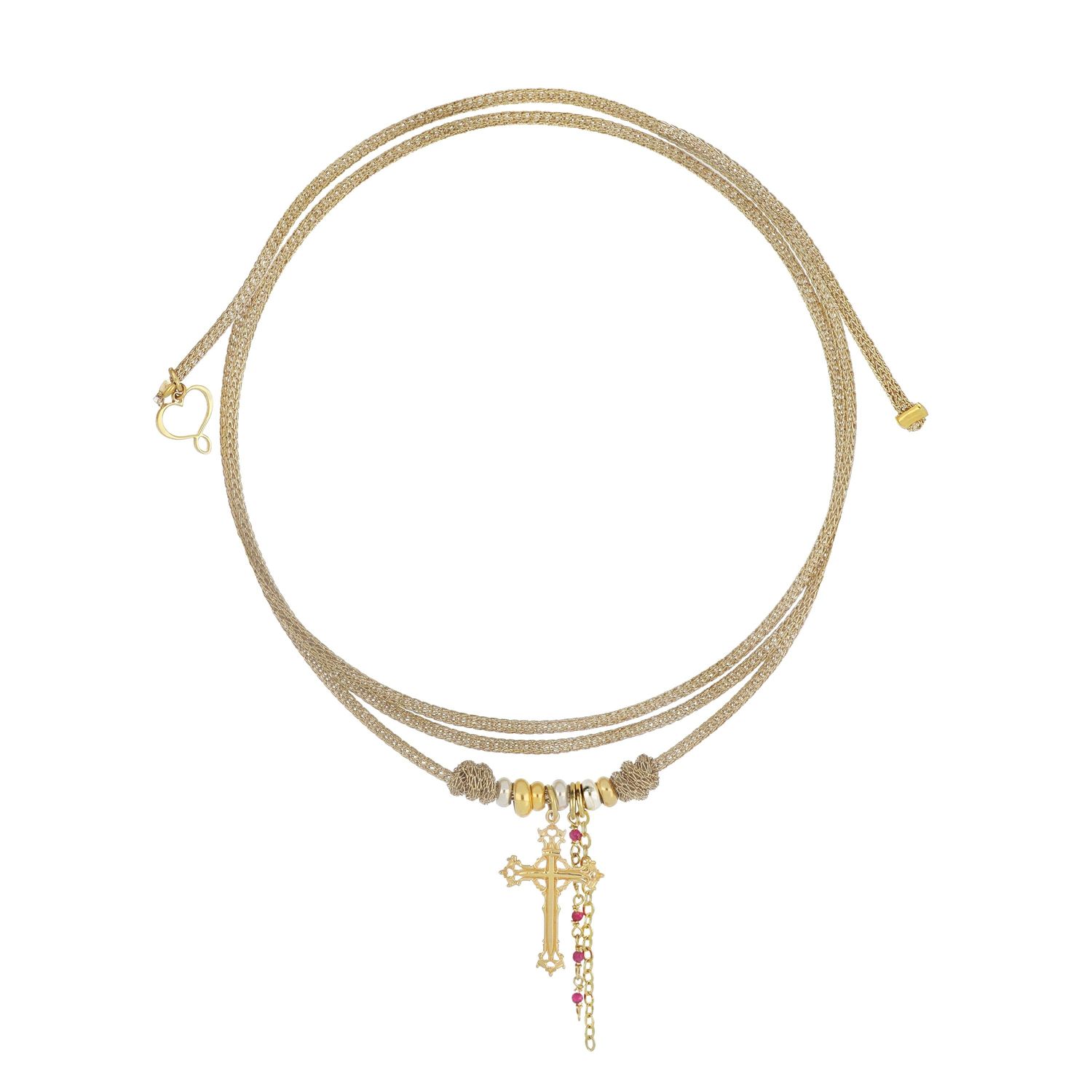 Girocollo cordino oro Segni di Te con charms catena, rosario rubino e croce Girocollo cordino oro Segni di Te con charms catena, rosario rubino e croce