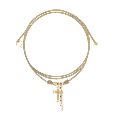 Girocollo cordino oro Segni di Te con charms catena, rosario rubino e croce Girocollo cordino oro Segni di Te con charms catena, rosario rubino e croce