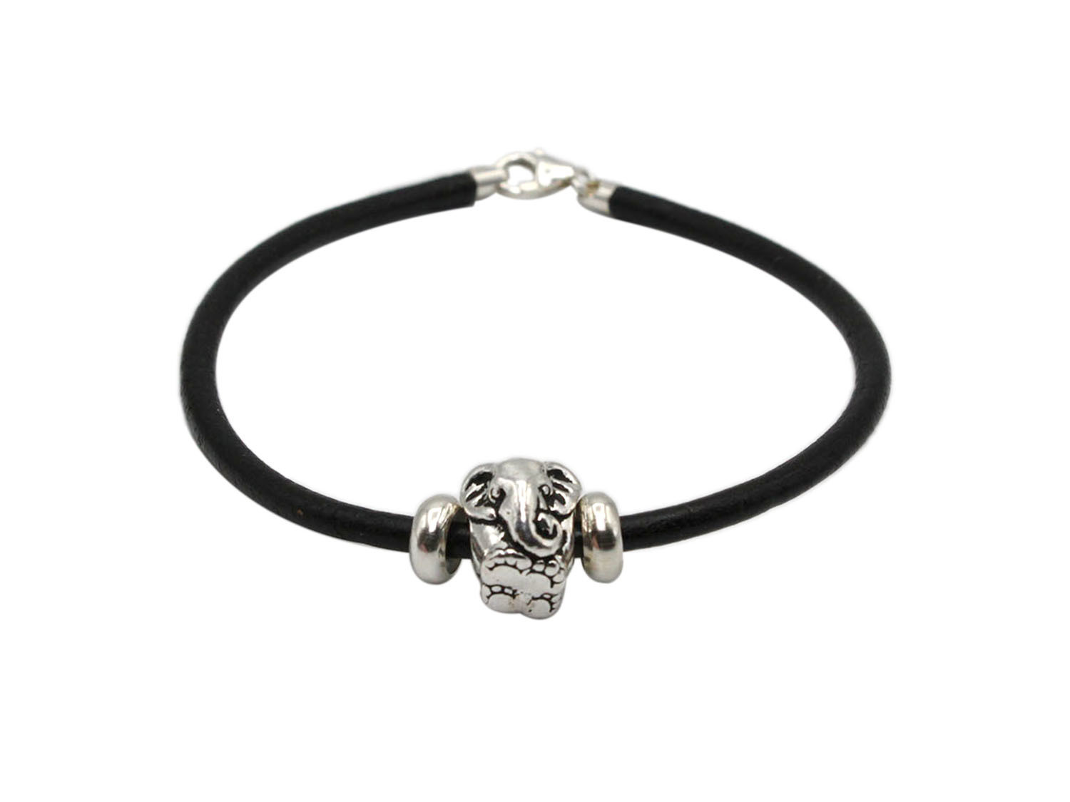 Black Leather Bracelet with Elephant Head Antique Pewter Bead