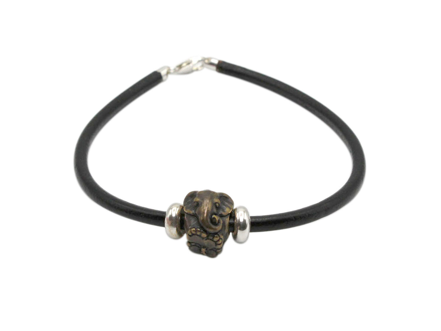 Black Leather Bracelet with Elephant Antique Gold Finish Bead