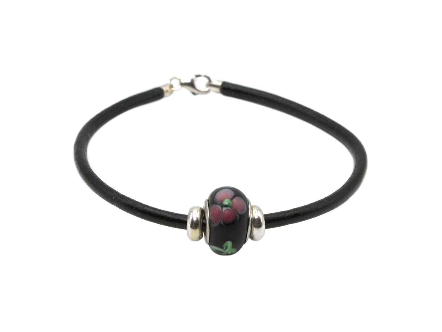 Black Leather Bracelet with Black Bead with Pink/Green Flower