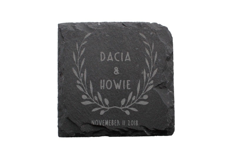 Custom Name & Date w/Wreath Slate Coaster Set