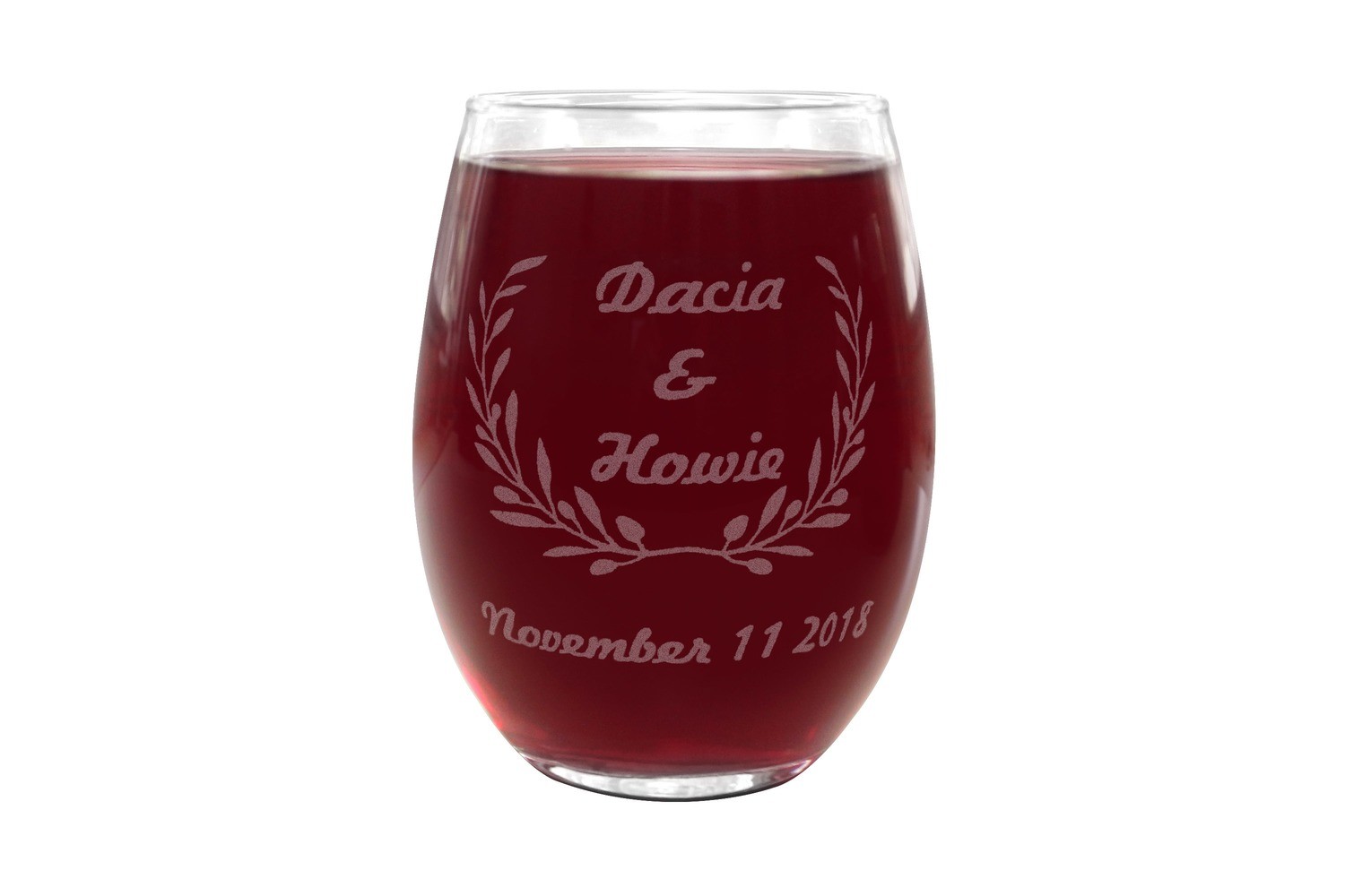 Wreath with Names & Dates Stemless Wine Glass