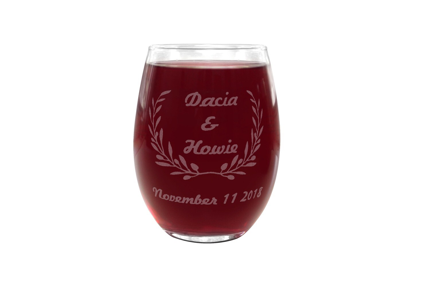 Wreath with Names & Dates Personalized PLASTIC Stemless Wine Glass