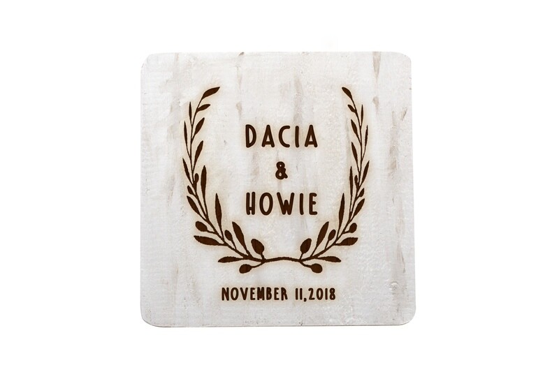 Custom Name & Date w/Wreath Hand-Painted Wood Coaster Set