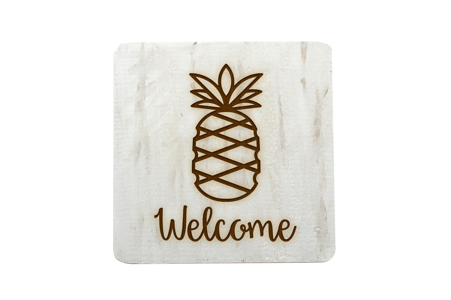 Pineapple with Welcome or Your Word Choice Hand-Painted Wood Coaster Set.