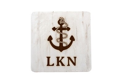 Anchor w/Rope & Custom Location Hand-Painted Wood Coaster Set