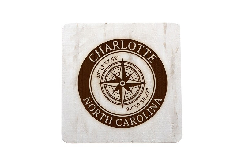 City & State w/Latitude Longitude in Circle on Hand-Painted Wood Coaster Set