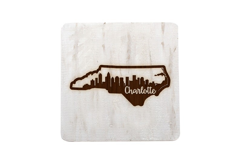 City Skyline inside State Shape on Hand-Painted Wood Coaster Set