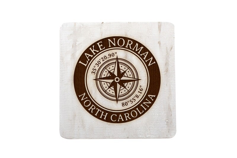 Location w/Latitude Longitude in Circle on Hand-Painted Wood Coaster Set