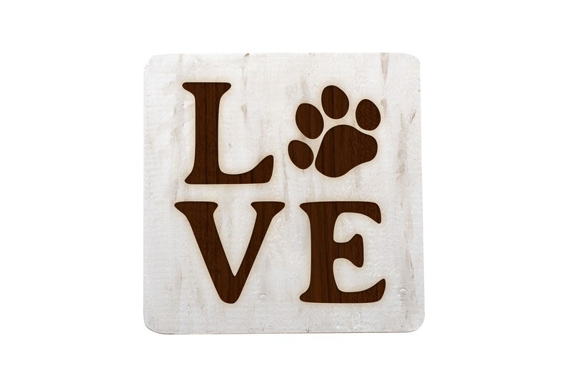 LOVE with Dog or Cat Paw Print Hand-Painted Wood Coaster Set