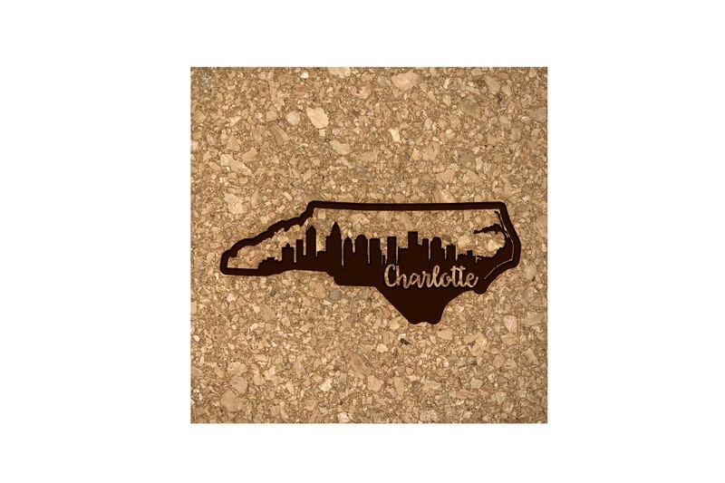 City Skyline inside State Shape on Cork Coaster Set