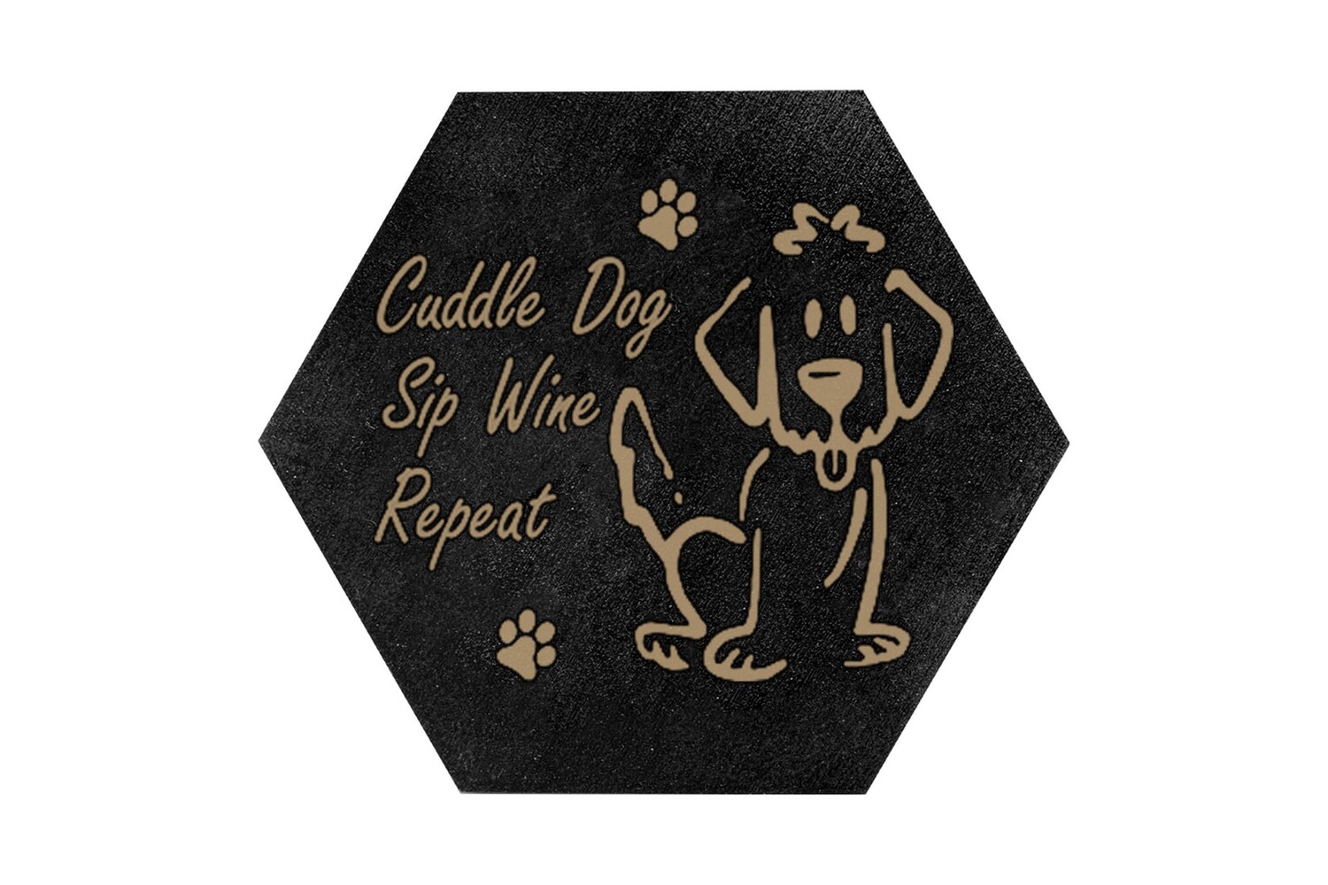 Cuddle Dog, Sip Wine, Repeat on HEX Hand-Painted Wood Coaster Set