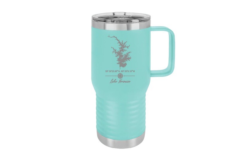 Travel Mug 20 oz Insulated Custom Location w/Lake and Latitude & Longitude Script Font