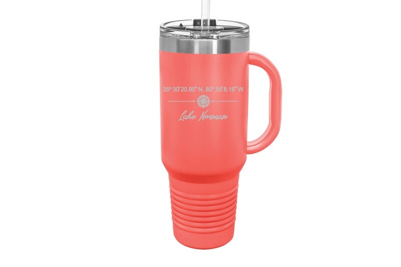 Travel Mug 40 oz w/FREE Straw & Snap Lid Insulated Custom location w/Latitude & Longitude Straight Line Design