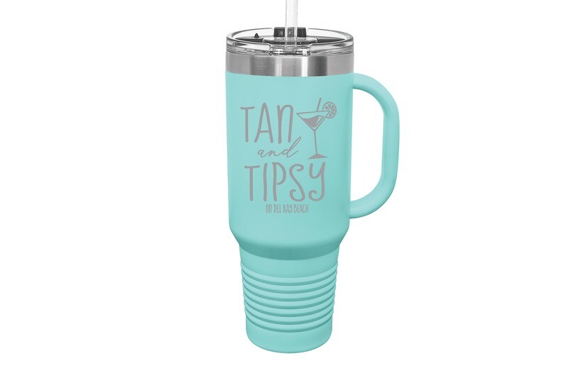 Travel Mug 40 oz w/FREE Straw & Snap Lid Insulated Tan & Tipsy w/Location