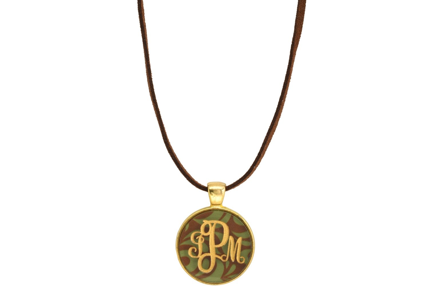 Classic Style Bezel Monogram Pendant with Suede Leather Cord Necklace