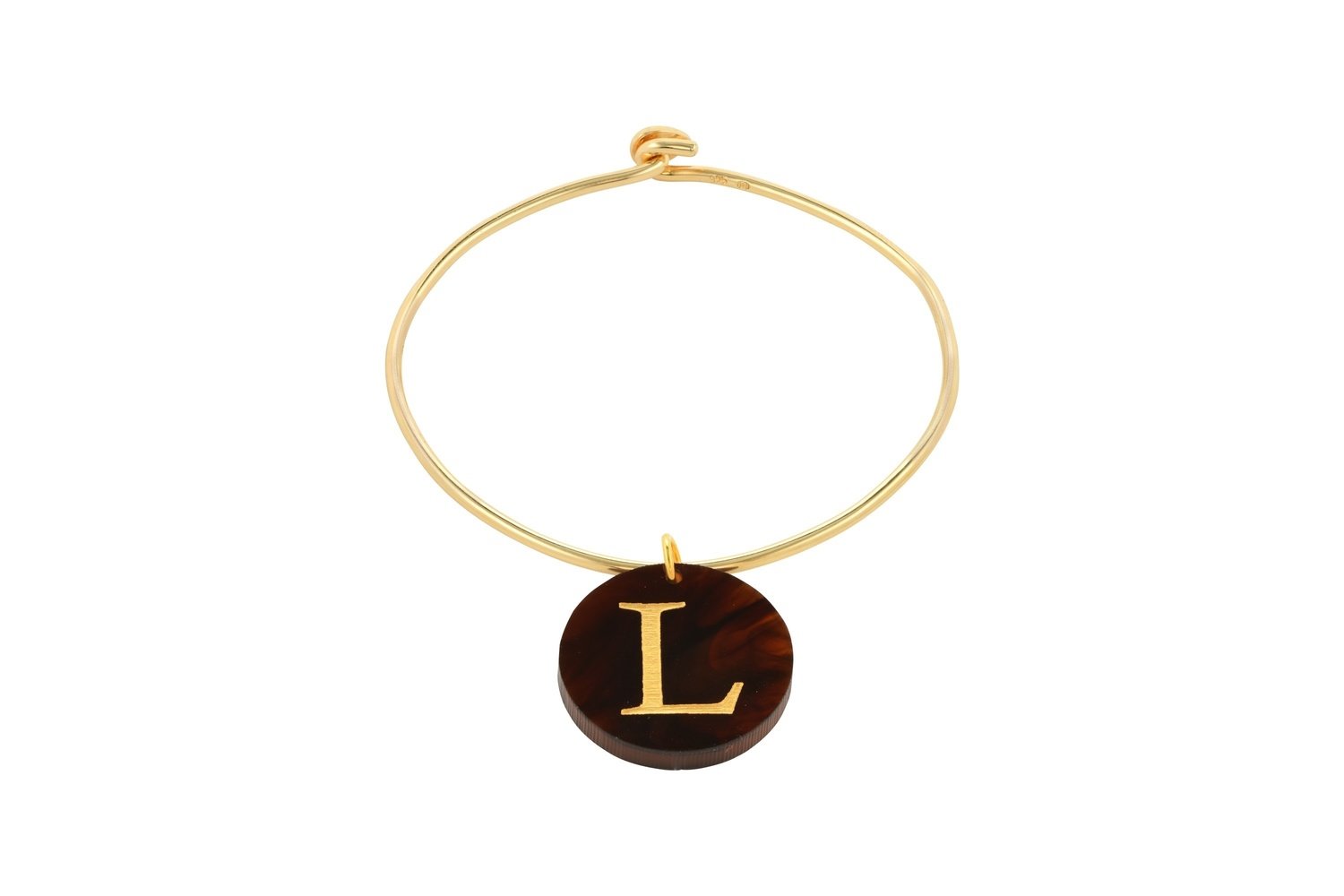 Alphabet Charm with Sterling Silver Bangle Bracelet with Yellow Gold Plating