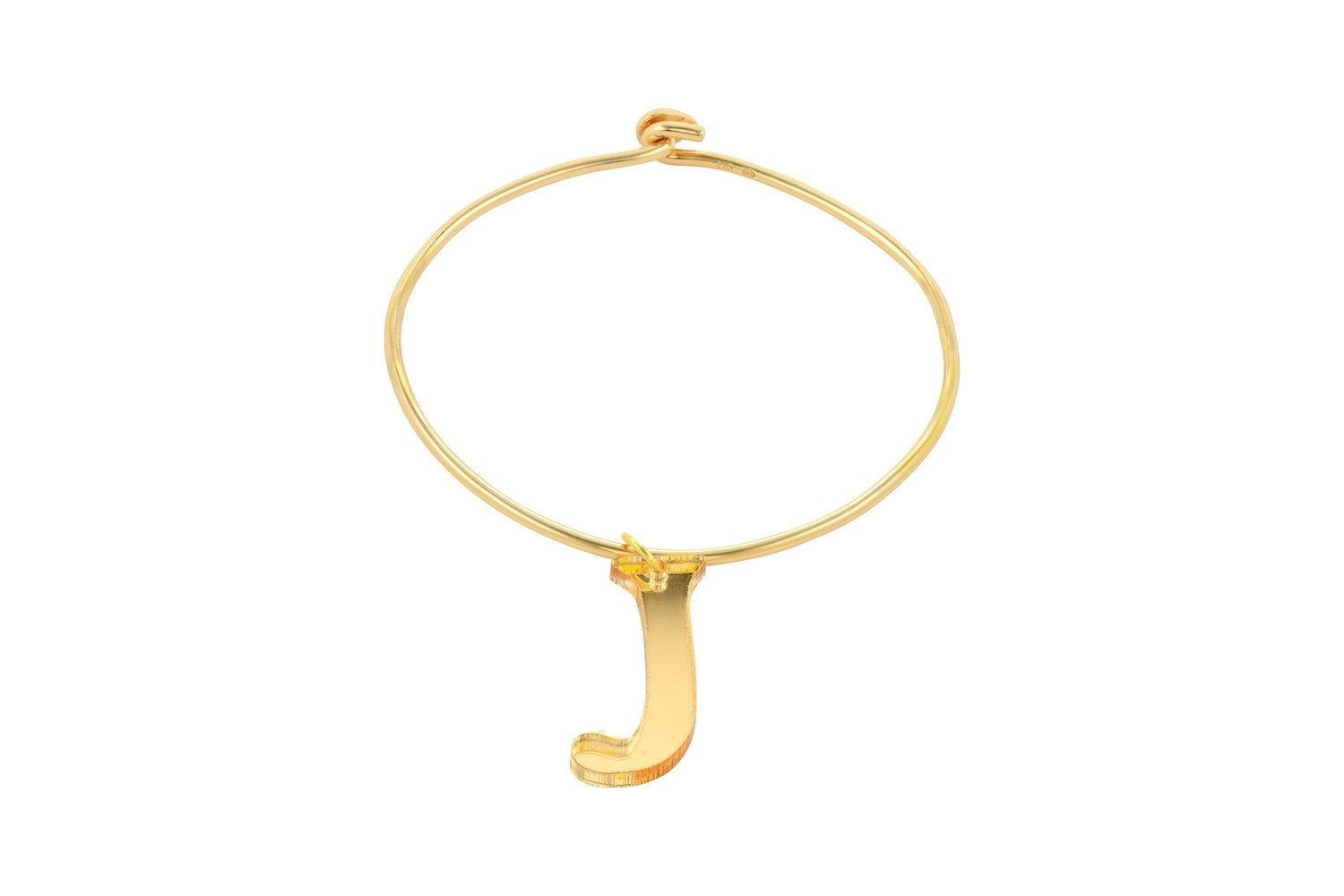 Sculpted Alphabet Charm with Sterling Silver Bangle Bracelet with Yellow Gold Plating