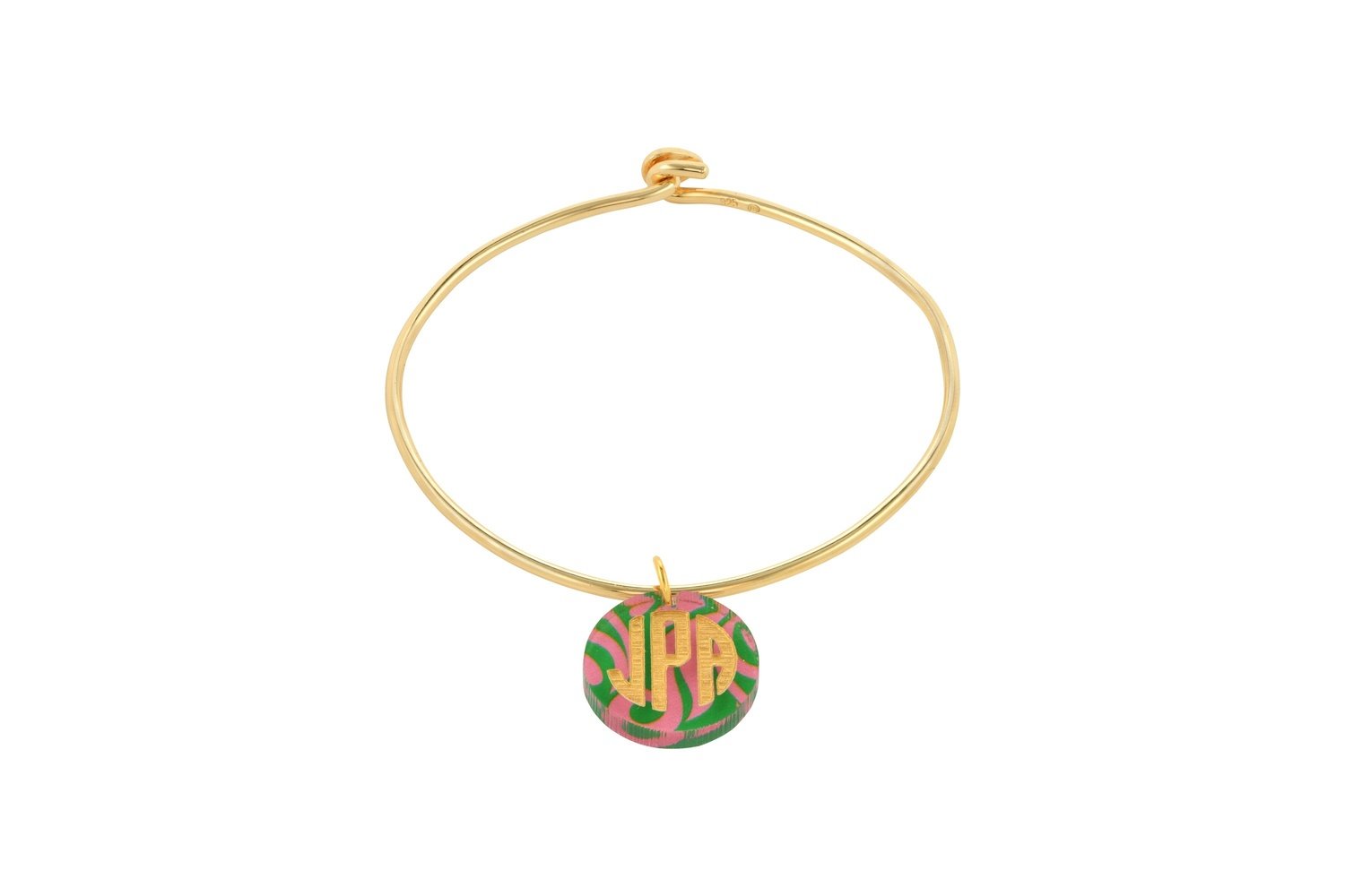 Traditional Monogram Charm with Sterling Silver Bangle Bracelet with Yellow Gold Plating