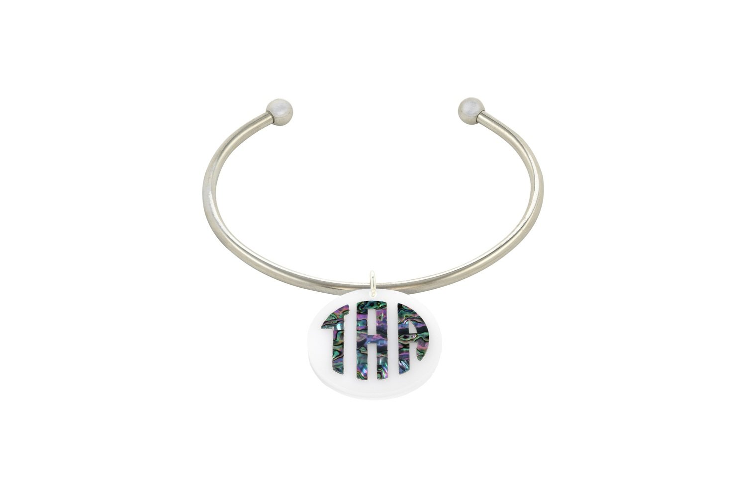 Mother of Pearl Monogram with Stainless Steel Cuff Bracelet