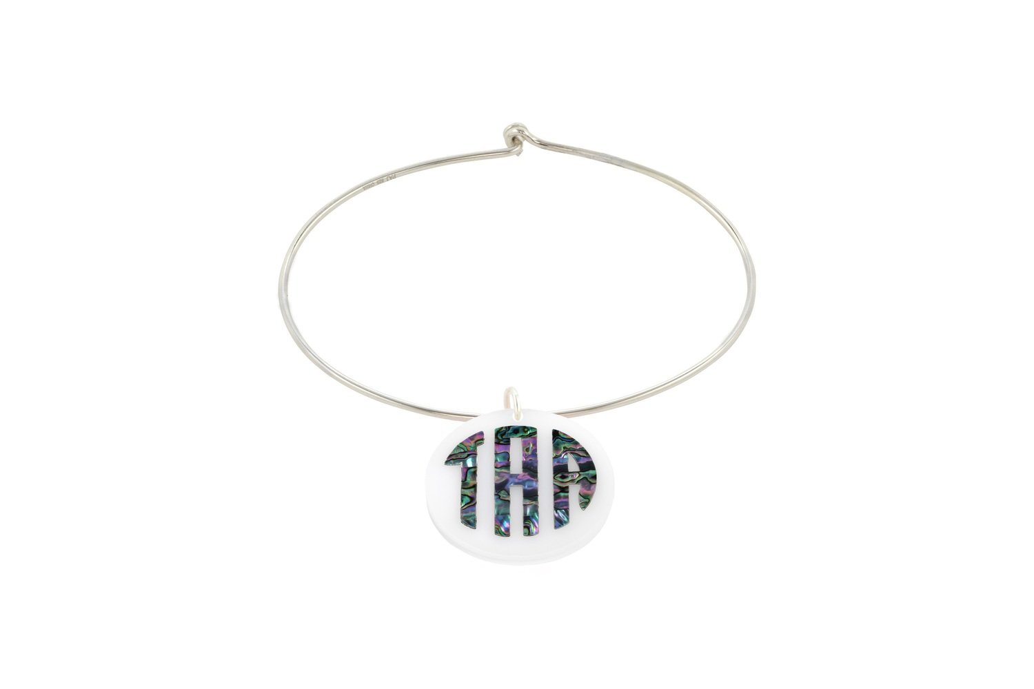 Mother of Pearl Monogram with Sterling Silver Bangle Bracelet