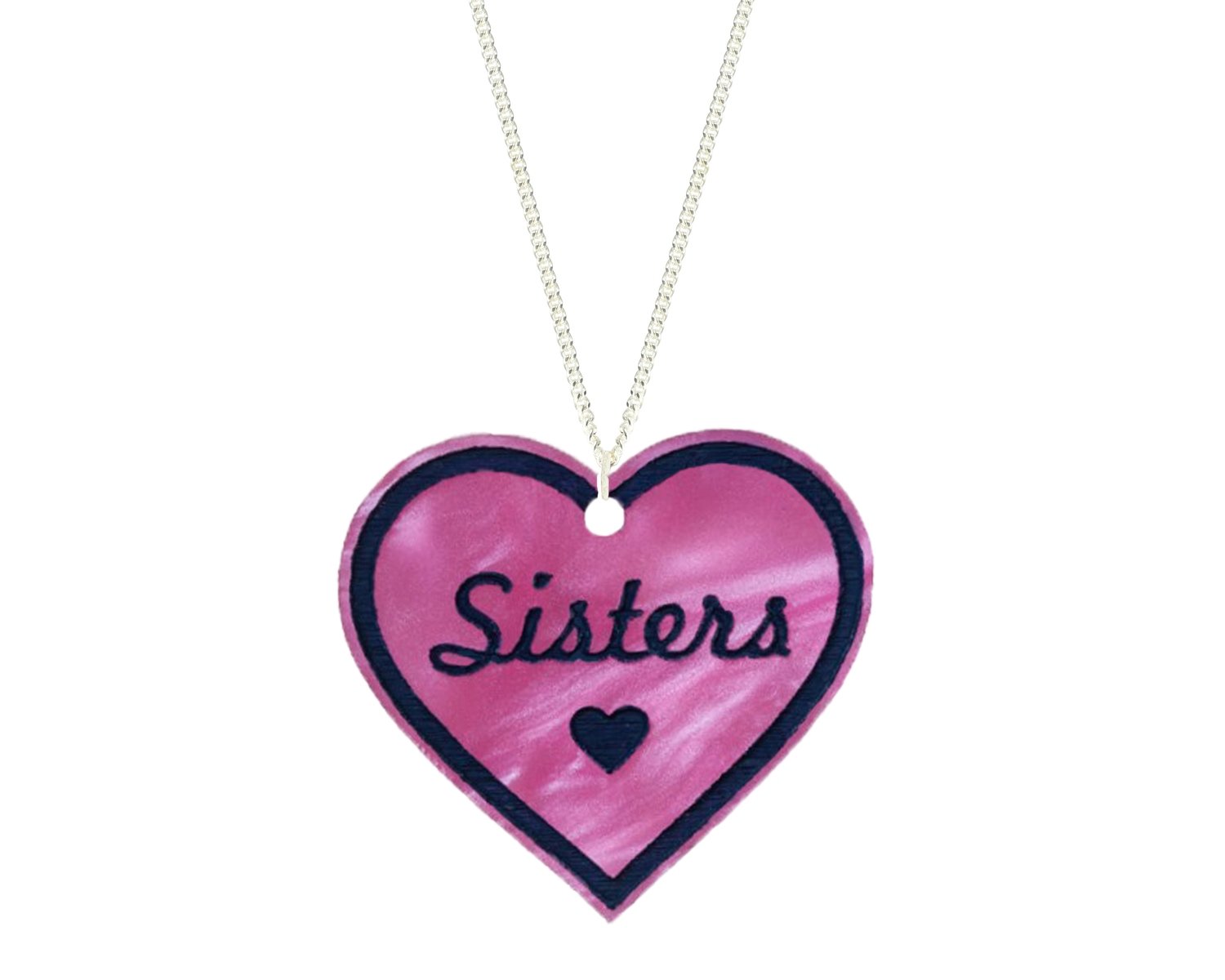Heart with Sisters Pendant Carved Style Refined with Paint on Chain Necklace
